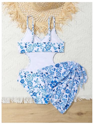 Milumia Girl's Floral Print Cut Out Spaghetti Strap One Piece Swimsuit with Beach Skirt2
