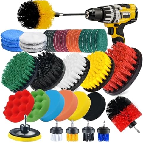 Shieldpro 45 Piece Drill Brush Attachment Set, All Purpose Power Clean Scrubber Brush, Scrub Pads & Sponge with Extend Long Attachment for Bathroom, Kitchen,Grout,Tub,Tile,Corners, Auto Cover