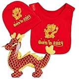 FoxE 2024 Chinese Year of the Dragon Gift Set - Born in 2024 Bib, Beanie & Dragon Plush Toy Gift Set - Unisex, 100% Cotton, 0-24 Months - Lunar New Year Gifts for Newborn Baby Girl and Boy Birthdays