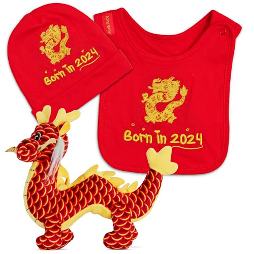 Image of FoxE 2024 Chinese Year of the Dragon Gift Set - Born in 2024 Bib, Beanie & Dragon Plush Toy Gift Set - Unisex, 100% Cotton, 0-24 Months - Lunar New Year Gifts for Newborn Baby Girl and Boy Birthdays