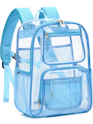 Image of Heavy Duty Clear Backpack For Kids Women Men Boys Girls, 17 Inch Large See Through Backpack, 360 3M Reflective Strips Clear Bookbag, Transparent Bag For School College Sport Travel, Light Blue