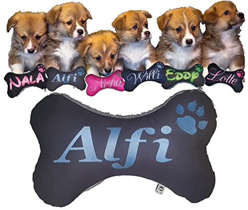 Personalisiertes Hundespielzeug Knochen – bestickter Canvas Hundeknochen mit Name – wählbar mit Quietscher oder Rassel – 20 Farben – Größen XS bis XXL