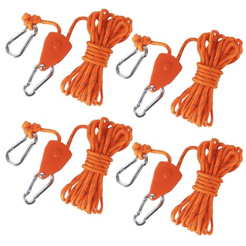 4 Stück Seilratsche 4m, Abspannseile mit Seilspanner 4mm, Reflektierende, Verstellbare Seilratsche mit Haken für Sonnensegel Markise für Sturmsicherung Zelt Camping (Orange)