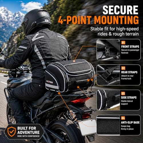 Image of Allextreme 35L Motorcycle Tail Bag Lightweight Multi-Pocket Biker Storage with 4 Point Mounting System YKK Pullers Zippers & Removable Strap for All Motorcycles (Pack of 1 Black)