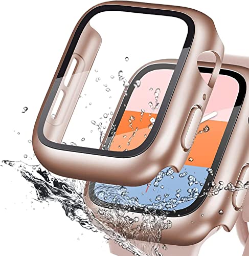 DIKESHGU for Apple Watch防水ケース series6/SE/5/4 44mm/40mm アップルウォッチ保護カバー ガラスフィルム 一体型 PC素材 タッチ感良好 全面保護 装着簡単 耐衝撃 高透過率 指紋防止 傷防止 (ローズゴールド,44mm)