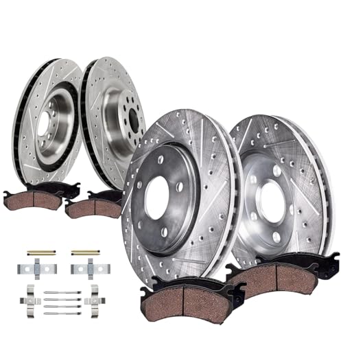 Detroit Axle - 8pc Brake Kit for 2016 Tesla Model S, Drilled and Slotted Disc Brake Rotors Ceramic Brakes Pads with Hardware Replacement: 13.98" inch Front and 14.37" inch Rear Rotor