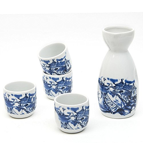Japanese Sake Set, 5 Pieces Sake Set Hand Painted Retro House Design Porcelain