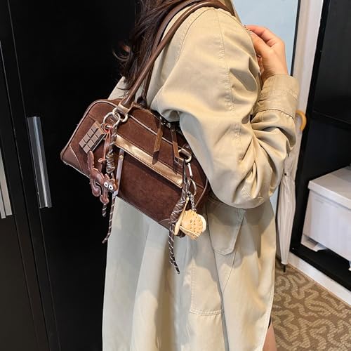 Suede Shoulder Bag For Women Y2k 90s Faux Leather Tote Purse Medium Soft Slouchy Handbag With Pendant Work Travel2