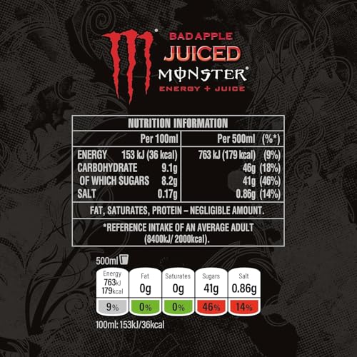 Image of Monster Juiced Energy Drink - Bad Apple Flavor, 500ml Cans (Pack of 12) By COUGAR - Energy + Juice Blend, Bold Apple Taste, High Caffeine & B-Vitamins (IMPORTED-USA)