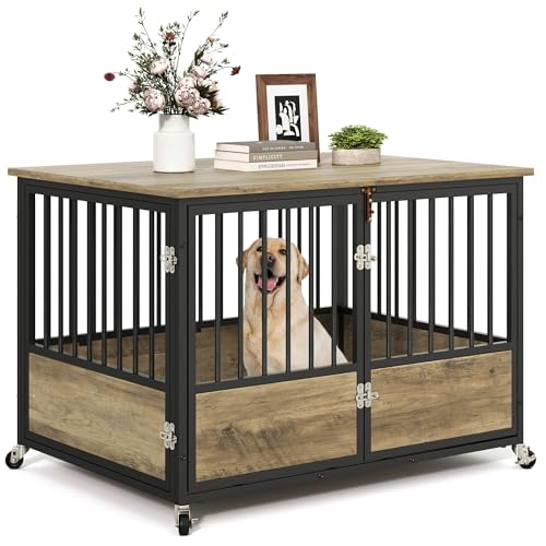 YITAHOME 43 Dog Crate Furniture with Wheels Heavy Duty Wood Dog Cage Table with Double Doors Chew Resistant Wooden Dog Kennel Indoor for Large and Medium Dogs Greige