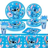 81 PCS Stitch Tableware Sets, Stitch Birthday Party Supplies Includes 20 Paper Plates 20 Napkins 10 Paper Cups 1 Tablecloth 10 Plastic Knife 10 Plastic Spoon 10 Plastic Fork for Party Supplies