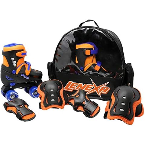 Lenexa Go GRO Adjustable Quad Roller Skate Bundle – Kids Roller Skates with Wrist Guards, Knee Pads, Elbow Pads, and Matching Backpack - Black, Orange, Adjustable Large (3 to 6) Cover