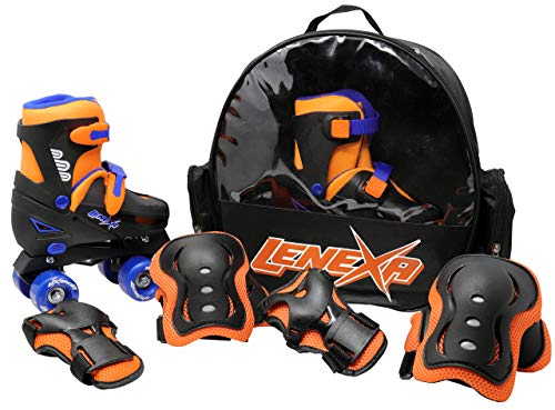 Lenexa Go GRO Adjustable Quad Roller Skate Bundle – Kids Roller Skates with Wrist Guards, Knee Pads, Elbow Pads, and Matching Backpack - Black, Orange, Adjustable Large (3 to 6)