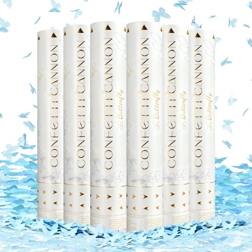 Confetti Cannon Butterfly Confetti Poppers 6 Pack Party Poppers 12 inch Blue Confetti Shooters Butterfly Sticks for Wedding Birthday Graduation Anniversary Bridal Shower Valentines Christmas New Year