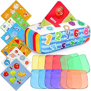 DINORUN Baby Toys 6 to 12 Months, Montessori Baby Tissue Box Toy Soft Stuffed High Contrast Crinkle Baby Sensory Toys, Early Educational Toys for Baby, Toddler, Newborn