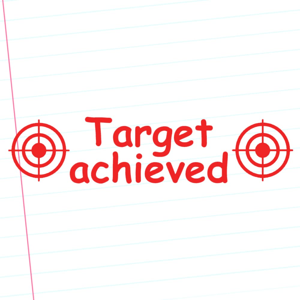Classroom Capers Red Target Achieved Teacher Stamp. Self-Inking, 12X33mm Image, Stamper For Teacher Marking And Feedback. Ink.