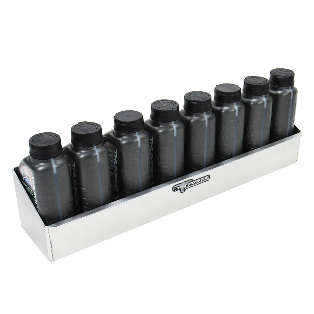 Pit Posse Oil Shelf Caddy 8 Bottle Rack Holder 24" - Made in USA - Holds 8 Quarts of Automotive Motor Engine Oil - Enclosed Race Trailer Shop Garage Aluminum Storage Organizer (Silver)