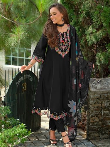 Image of INDO ERA Women's A-Line Cotton Blend Floral Embroidered Kurta & Pant With Dupatta Set (IEOUT11375)