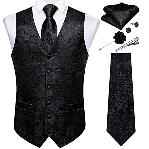 Image of DiBanGu Mens Vest and Tie Set Formal Paisley Waistcoat and Necktie Pocket Square Cufflinks Silk Suit Vest for Tuxedo Wedding