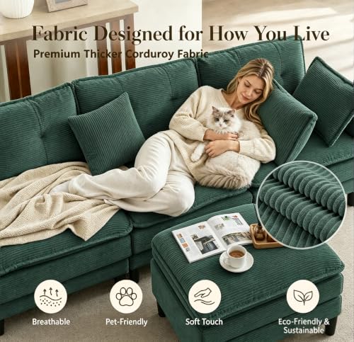 Image of Oversized Sectional Sofa, 107.3 inch U Shaped Cloud Couch Modern Modular Sectional Sofa with 2 Storage Ottoman Coffee Table, Corduroy Deep Seat Sofa with Throw Pillows for Living Room, Bedroom, Cream