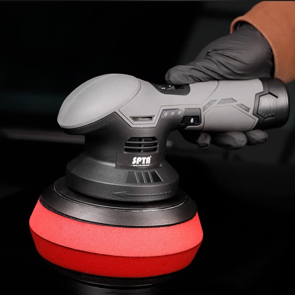 SPTA Pulidora inalámbrica para coche, pulidora con 2 piezas de batería recargable de litio de 12 V, pulidora sin escobillas con velocidad variable, pulidora portátil con kit de almohadillas de pulido