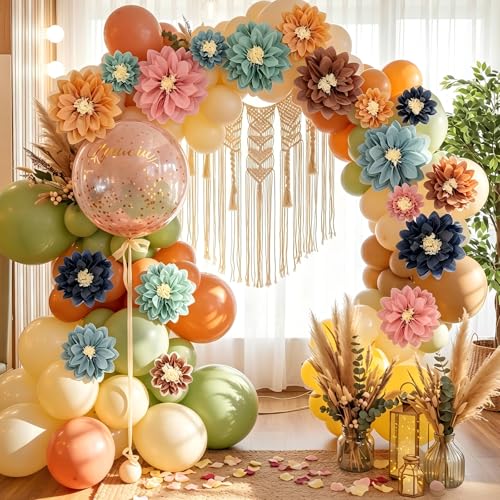 Image of Geyee 18 Pcs Mexican Paper Flowers Colorful Fiesta Tissue Paper Flowers Pom Poms Mexican Carnival for Floral Party Backdrop Wedding Birthday Party Craft(Boho Color,6 inch 8 inch 10 inch)