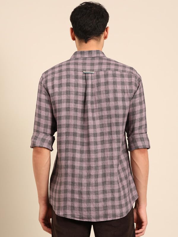 Image of Linen Club Men's Pure Linen Checked Contemporary Fit Full Sleeve Casual Shirt