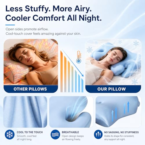 Cervical Neck Pillow for Sleeping, Medium‑Firm Memory Foam Contour Pillow with Arm Holes, 2 Heights for Side Back Stomach Sleepers, Cool‑Touch Satin Cover, Oeko‑TEX Standard 100 — view 5