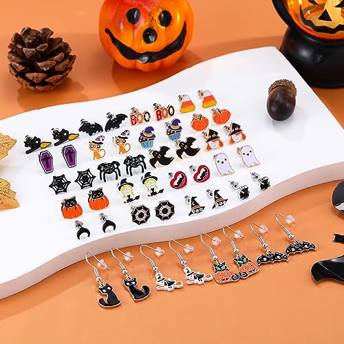 24 Pairs Hypoallergenic Halloween Stud Earrings Set for Women Teens Cute Pumpkin Spider Bat Black Cat Ghost Witch Candy Spooky Earrings Halloween Jewelry Fall Earring Set3