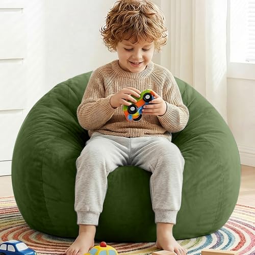 Image of Stuffed Animal Storage Bean Bag Chair Cover for Kids (No Filler), Soft Comfy Velvet Beanbag Chair Cover Machine Washable,Kids Bean Bag Chair with Handle for Living Room Bedroom Dorm,Dark Green