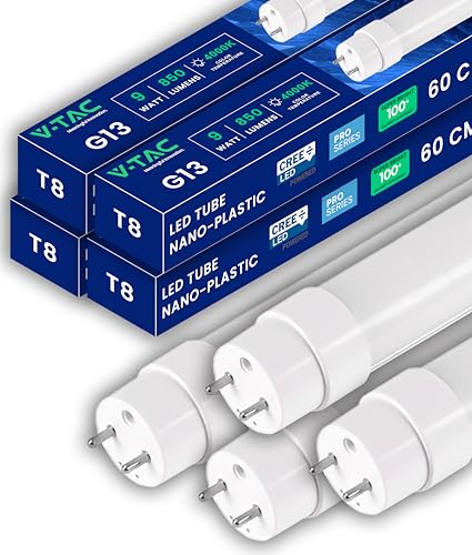 V-TAC 4x Tubi LED 60 CM - attacco G13-9W - [CHIP CREE LED ALTE PERFORMANCE]850 Lumen - Tubi LED per Soffitto, Parete, Garage - Tubo LED forma T8 - Sostituzione Neon - Luce Naturale 4000K