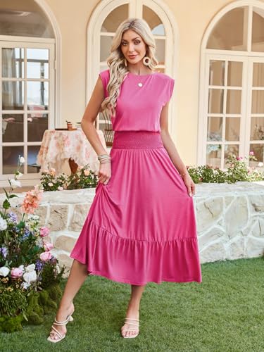 Image of Kikibell Womens Summer Dresses Cap Sleeve Elastic Waist Midi Dress with Pocket Long Causal Sundress Beach Vacation Outfits