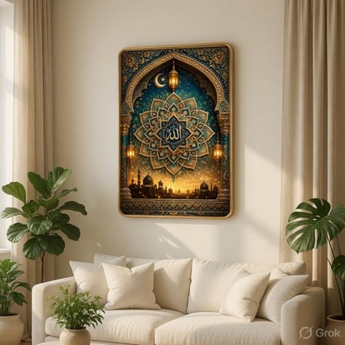 Image of SAF Islamic Allah Mandala Wall Painting with Premium PVC Golden Frame, Mosque Arch Lantern Arabic Art, Muslim Religious Home Decor for Prayer Room Living Room (13x19 Inch) MG-36045