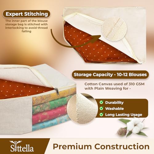 Image of SITTELLA Pack of 3 Cotton Canvas Saree & Blouse Covers with Zip | 17 x 14 x 7 Inch Clothes Storage Bags for Sarees, Dresses & Lehengas | Wardrobe Organizer