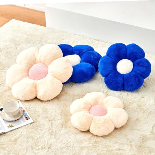 Image of Kcvvcr Beige Flower Pillow, Cute Decorative Flower Shaped Throw Pillow with Faux Rabbit Fur, 14.9 inch Soft Daisy Plush Floor Cushion Aesthetic Room Decor for Bed Sofa Couch