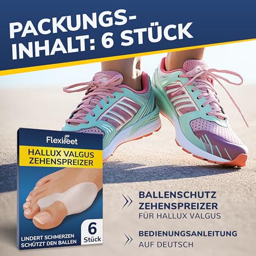 FLEXIFEET® Hallux Valgus Korrektur Zehenspreizer für den Großen Zeh - 6 Stk Zehentrenner Hallux Valgus, Ballenzehen Korrektur - Hallux Valgus Bandage Universalgröße, Damen, Herren, 0% BPA