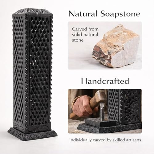 Image of Black Marble Agarbatti Stand for Pooja | Handcrafted Soapstone, Jaali Design Burner, Holds 5 Sticks, Ash Catcher, 3x3x11 Inches