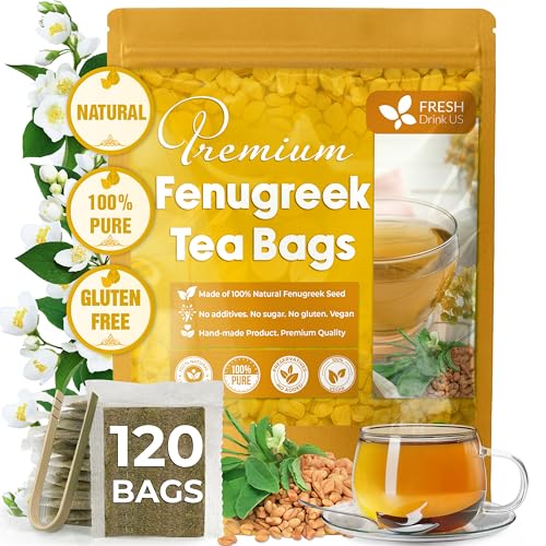 Image of FreshDrinkUS, Premium 120 Fenugreek Tea Bags, 100% Natural & Pure from Fenugreek. Fenugreek Herbal Tea. Made with Natural Material Tea Bags. No Sugar, No Caffeine, No Gluten, Vegan.