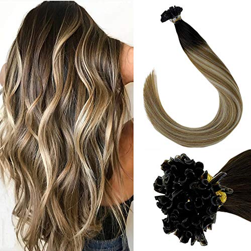 LaaVoo 14 inch Straight Nail Tips Keratin Fusion Human Hair Exensions Pre Bonded Color Off Black Fading to Golden Brown and Platinum Blonde U-Tip Extensions 1g/s 50g/50strands (#1bT10/60)