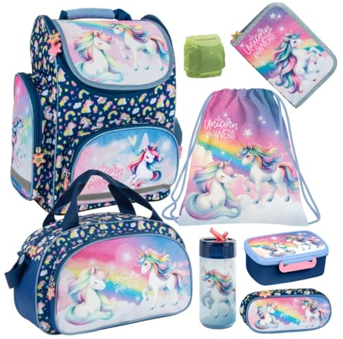 Familando - Schulranzen Set - 8-teilig mit Federmappe - Einhorn Regenbogen - Ergonomisch, stabil & mit gepolstertem Rücken - 1010g leicht - 18L Volumen - Mit Reflektoren - Für Grundschule ab 1. Klasse