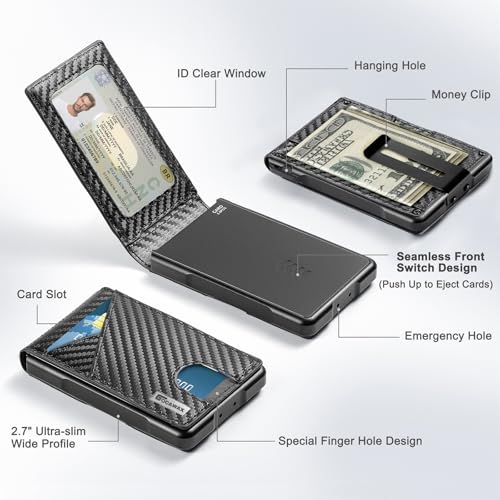 Minimalist Wallet for Men, Ultra Slim Smart Pop Up Card Holder 10-12 Cards, Compact Front Pocket RFID Blocking Sleeves with Money Clip & ID Window, Metal Aluminum Credit Card Bifold Wallet3