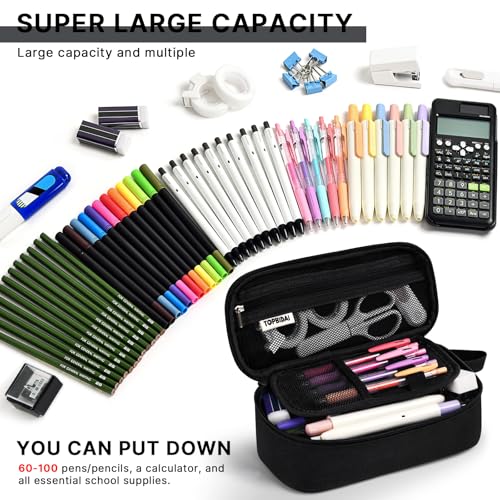 TOPBIDAI Large Pencil Case Pouch for Boy Men Kids Adults, Big Capacity Canvas Pencil Bag, Office College School Multi Compartment Zipper Stationery Pen Bag (Black)