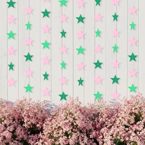 Image of Patelai 130 Feet Glitter Star Garland Banner 2026 Party Decoration Double Side Star Hanging String Streamer Paper Twinkle for Graduation Wedding Birthday (Pink and Green)