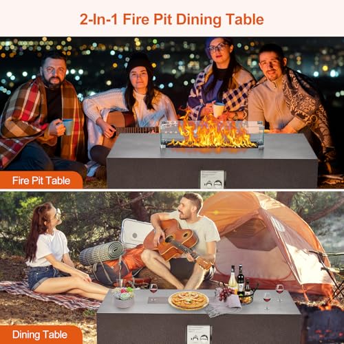 48" Outdoor Fire Table, 48 inch Rectangle Propane Gas Fire Pit Table, 50,000 BTU Modern Firepit with 16 inch Tank Cover Side Table, Wind Guard, Fire Glass, Rain Cover, Antique Bronze