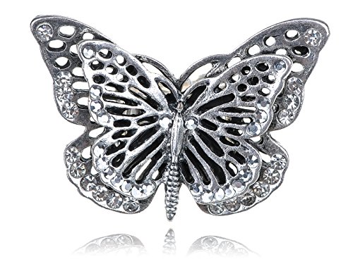 Alilang Women Adjustable Silvery Clear Rhinestones Big Butterfly Insect Elastic Ring #TOP29