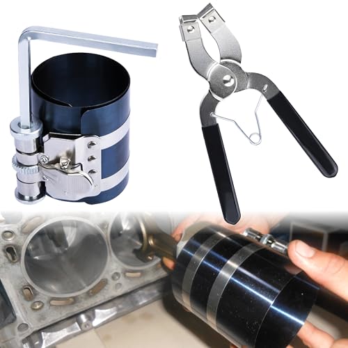 Piston Ring Compressor Tool Car Engine Piston Ring Installer Removal Kit Adjustable Compression Range 2-6.9 Diameter (53mm - 175mm) Compressor Tool with Pistons Rings Pliers