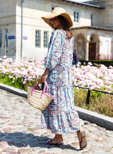 Image of miduo Womens Casual V Neck Half Sleeve Bohemian Geometric Maxi Long Dresses | Loose Fit Beach Summer V Neck Half Sleeve Bohemian Maxi Long Dresses Boho Resortwear Holiday