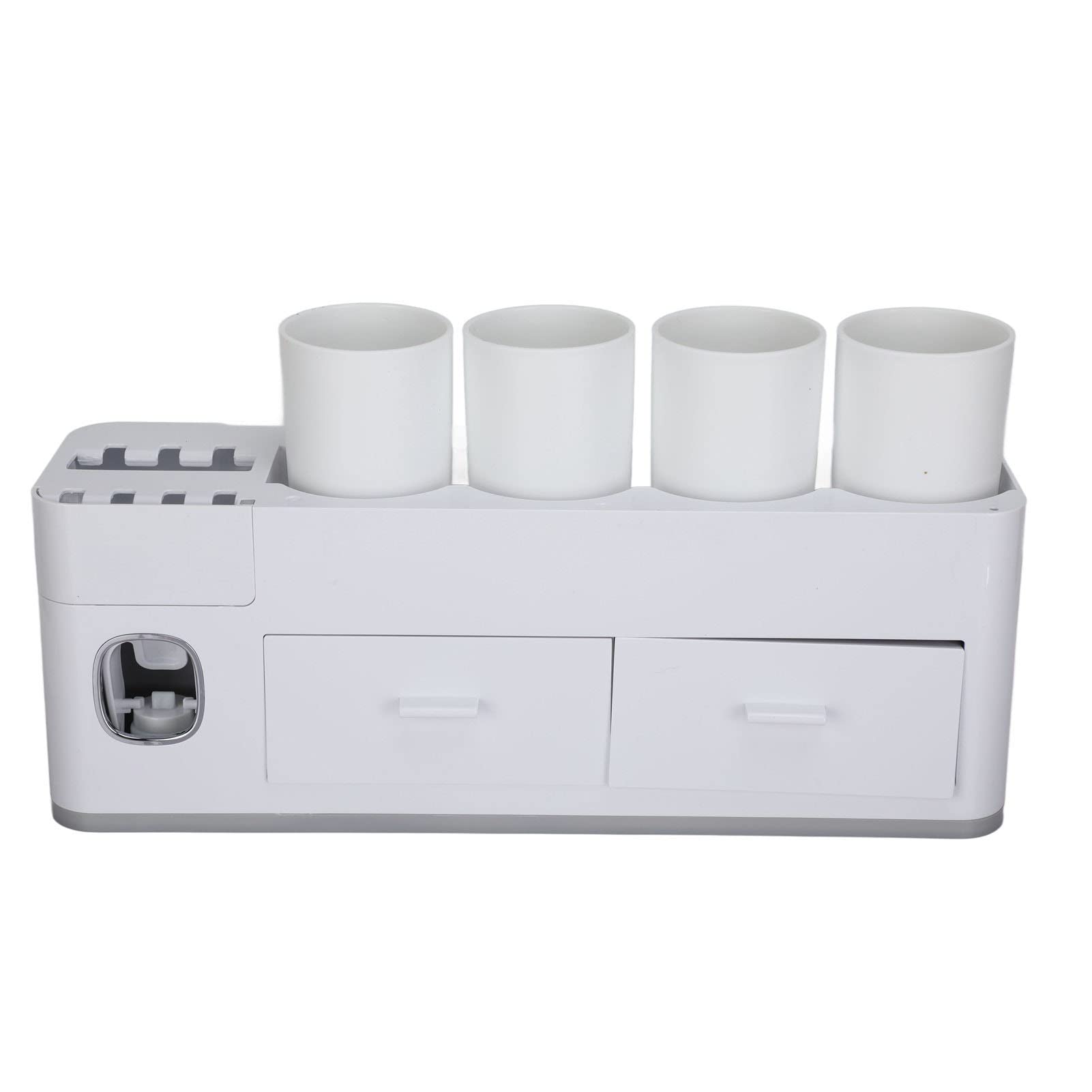Wandmontierter Zahnbürstenhalter, PP-ABS-Zahnbürstenhalter-Set mit Automatischem Zahnpastaspender, Magnetischem Tassenschubladen-Aufbewahrungsregal, Organizer ohne Bohrer für den
