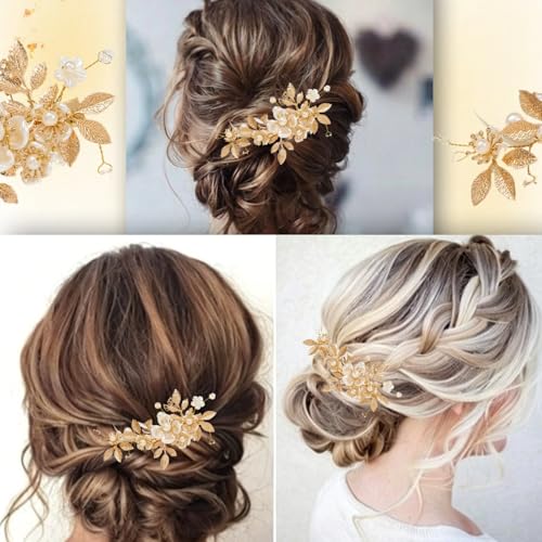 Pinzas para cabello con flores y perlas doradas miniatura 5