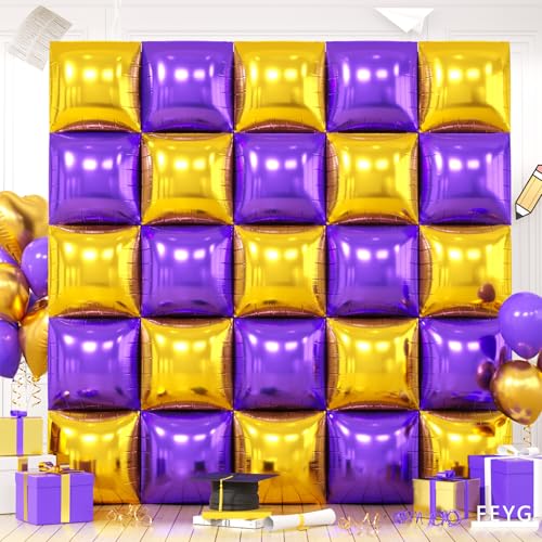 Image of Metallic Purple Gold and Silver Double Sided Square Foil Balloons Wall,19 Inches Chrome Foil Balloons Tunnel Arch Kit for Bachelorette,Anniversary,Graduation,Birthday Party Background Decoration